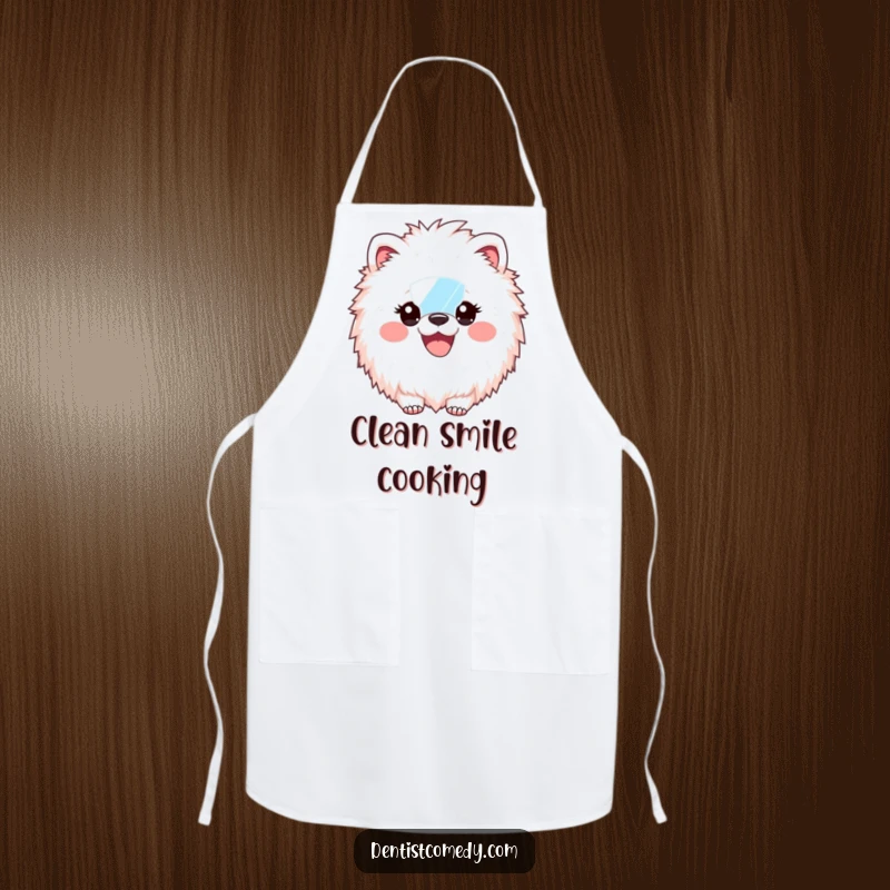 Funny Apron: Fluffy animal dentist showing off a huge, healthy smile while holding a dental mirror, ready for the kitchen.