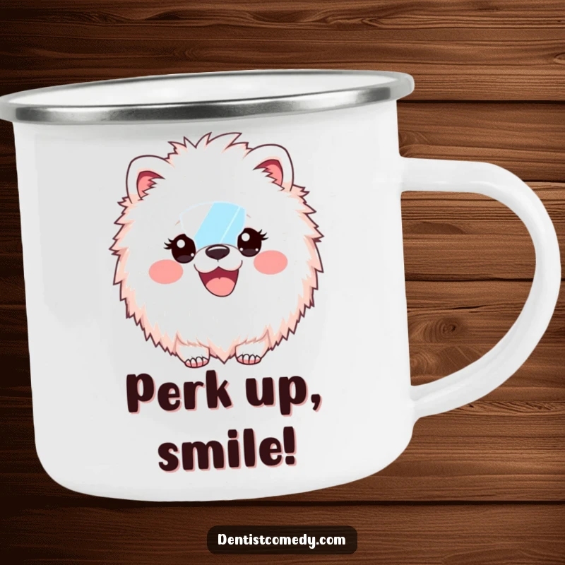 Funny Camping Mug: Fluffy animal dentist holding a dental mirror, showing off a massive, bright smile, ideal for outdoor use.