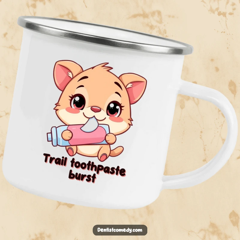 Funny Camping Mug: Animal with enormous, wide eyes, happily squirting toothpaste from a tube, built for the outdoors.
