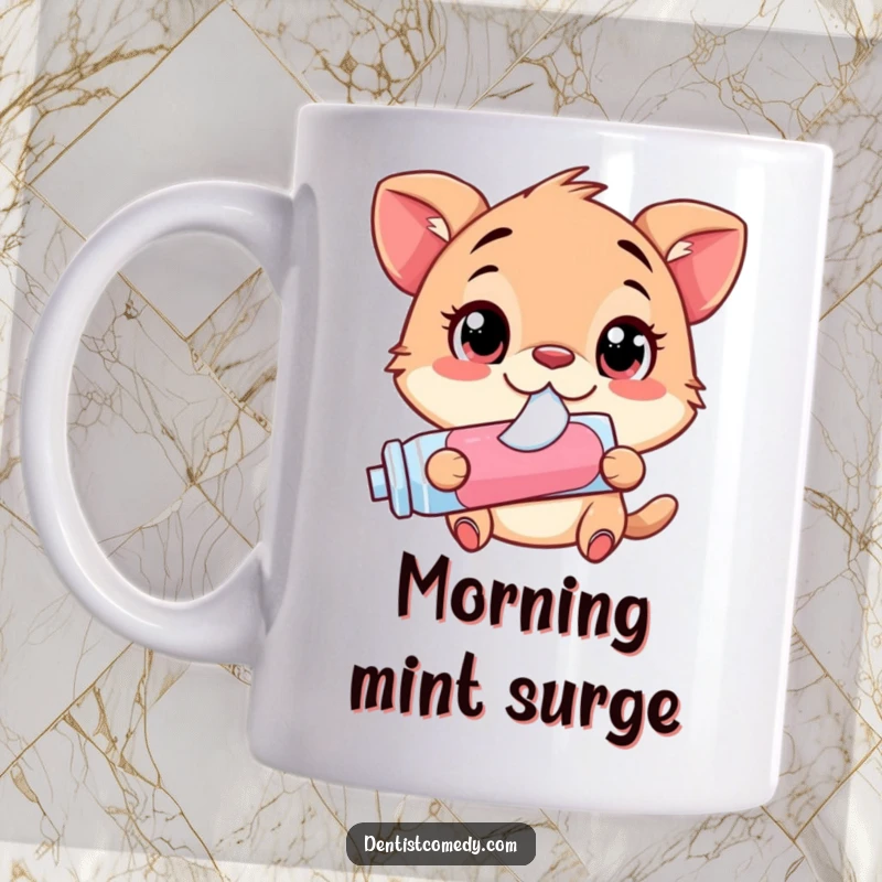 Funny Mug: An animal with enormous, wide eyes, joyfully squirting toothpaste from a tube, showcasing pure, messy delight.