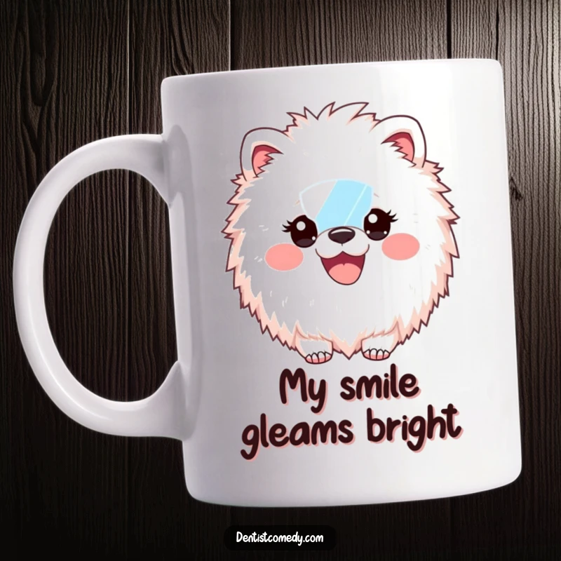 Funny Mug: Fluffy animal dentist holding a dental mirror, showing off a huge, bright white smile, radiating joy and health.