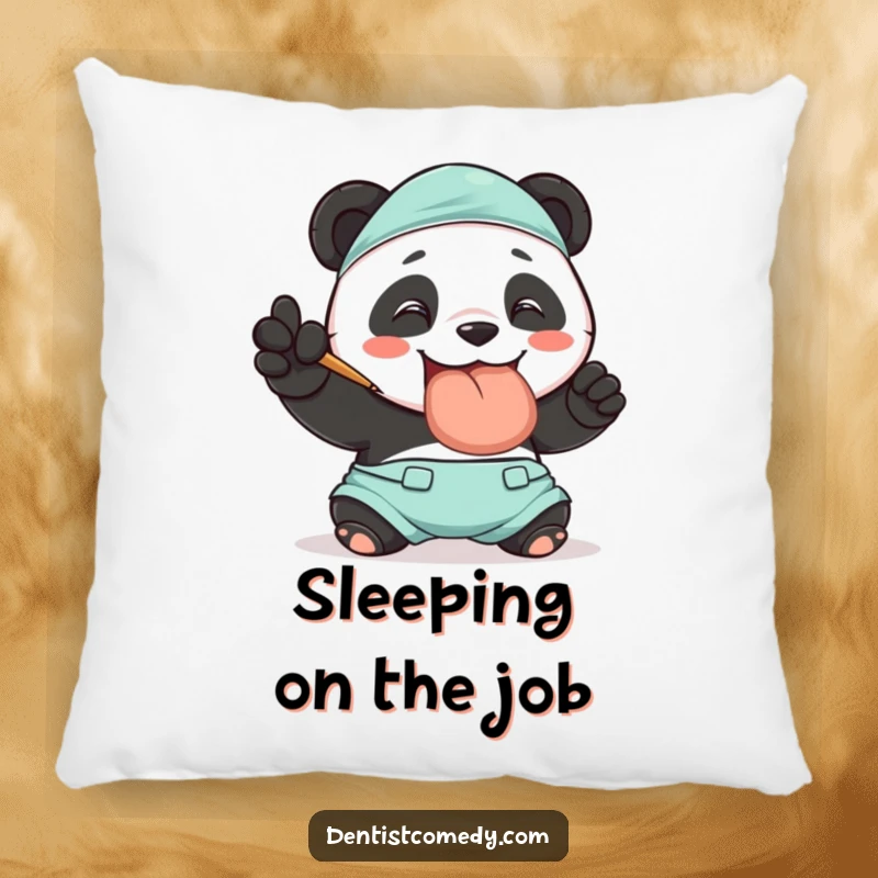 Funny pillow with a smiling panda in scrubs polishing a large tooth, offering comfort and dental-themed cheer, a great funny gift.