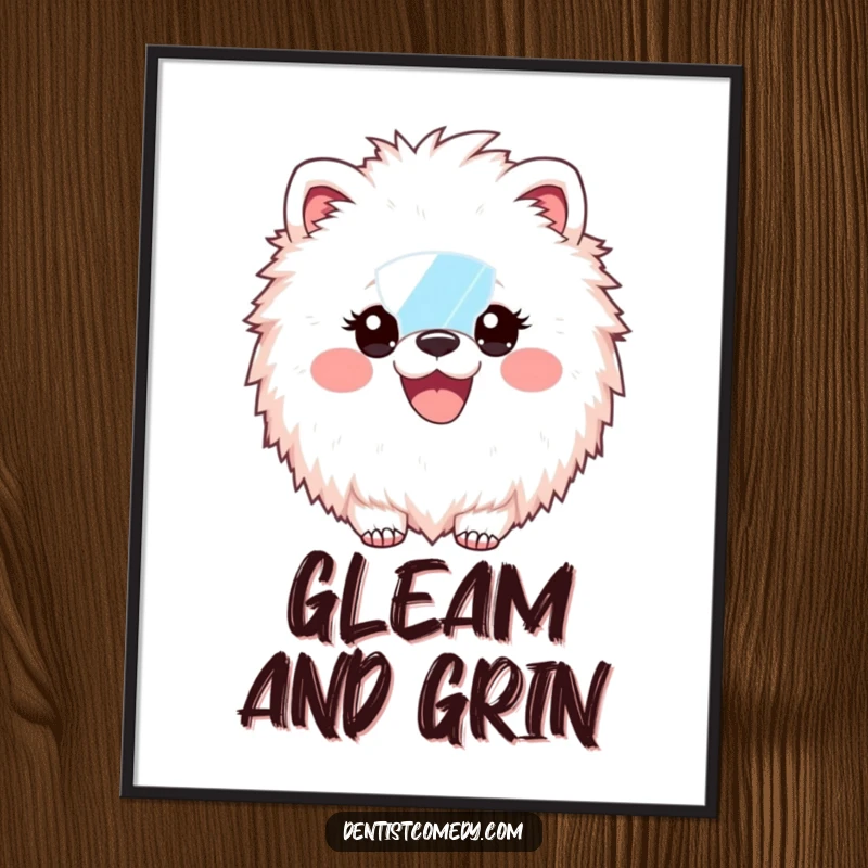 Funny Digital Art: Fluffy animal dentist holds a dental mirror, beaming with a brilliant smile, perfect for instant wall decor.