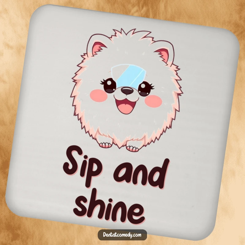 Funny Coaster: Fluffy animal dentist with a dental mirror, sporting a wide, bright smile, protecting surfaces from spills.
