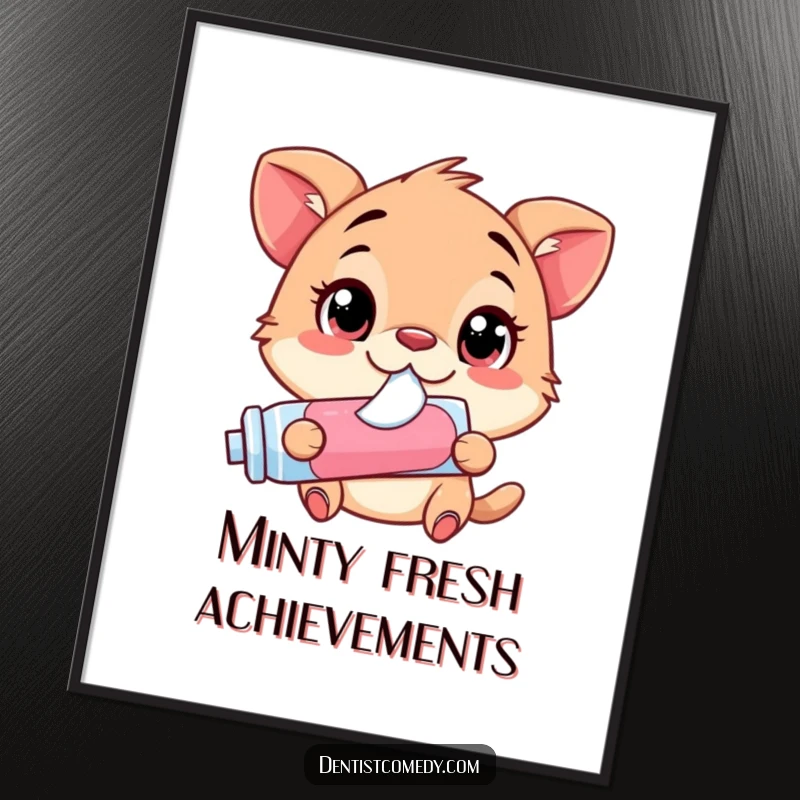 Funny Free Printable wall art of a wide-eyed animal happily squirting toothpaste from a tube, bringing playful energy to any space.