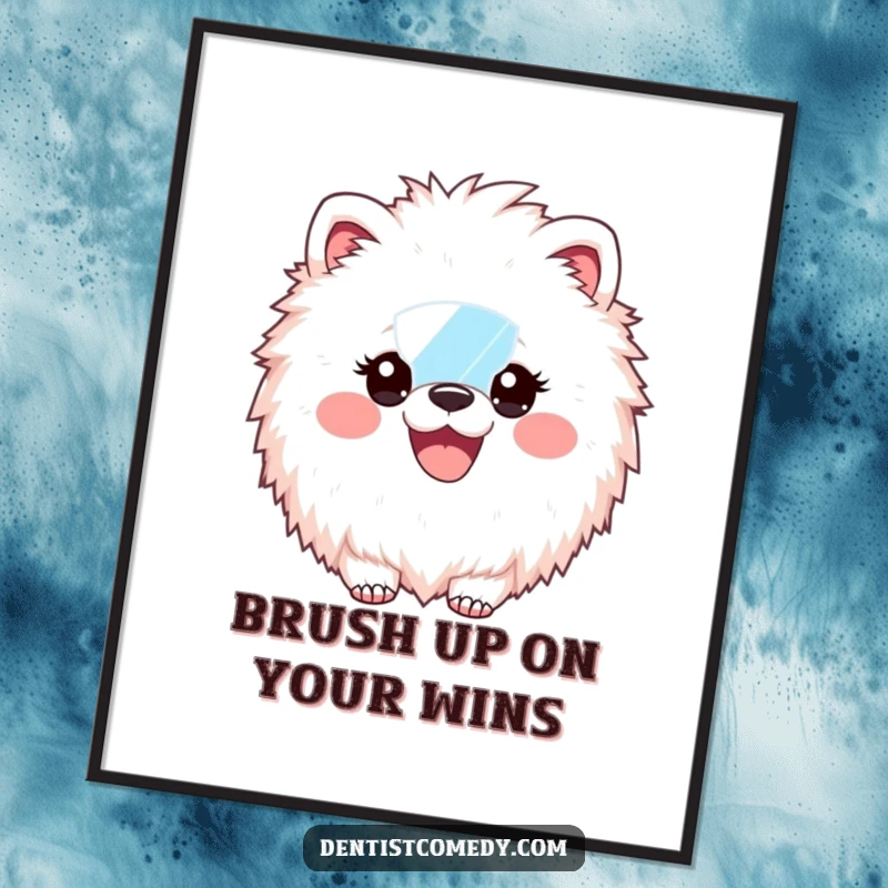 Funny Free Printable wall art of a fluffy animal with a dental mirror, showcasing a radiant, confident smile perfect for dental offices or homes.