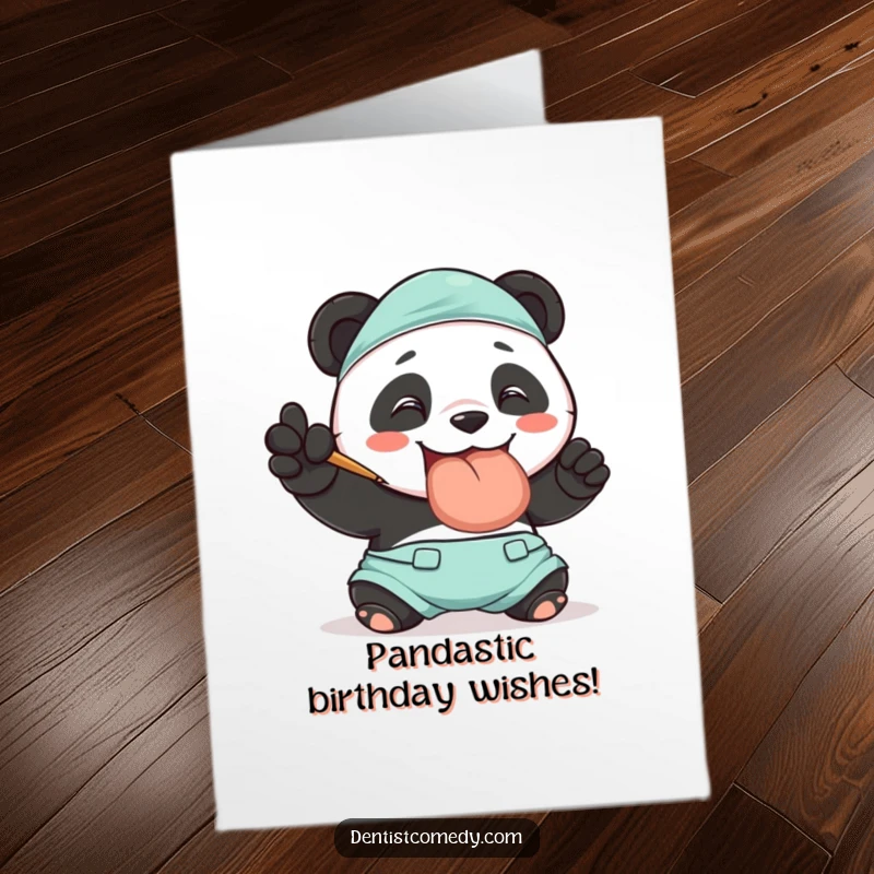 Funny Free Printable Birthday Card: Smiling panda in scrubs polishing a giant tooth, a DIY birthday gift.