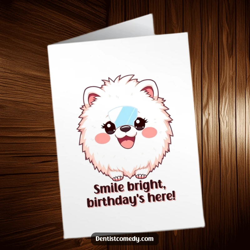 Funny Free Printable birthday card featuring a fluffy animal inspecting its bright smile with a dental mirror, ready to spread cheer.