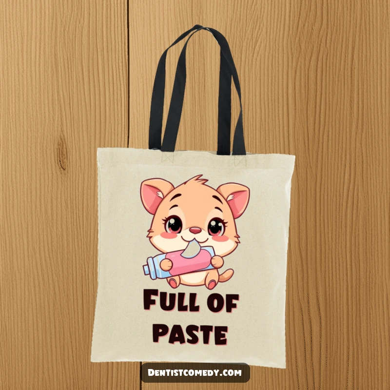 Funny Tote Bag: Animal with shocked, wide eyes, gleefully squirting toothpaste from a tube, ready for shopping.